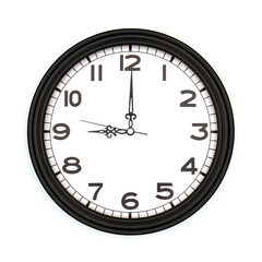 Black round analog wall clock isolated on white background, its nine oclock.