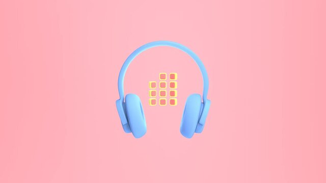 3d rendering of a blue headphone moving, dancing to music on pink background in rhythm equalizer volume. Fast motion animation for digital marketing. Unusual funny design, cartoon style joke.