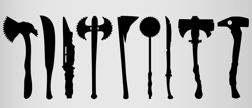 Set of nine cyberpunk weapons, swords, maces, axes. Homemade weapons made of nails, pipes, fittings, etc. Cold cyberpunk weapons. Weapons from the future, post-Apocalypse.