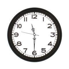 Black round analog wall clock isolated on white background, its half past eleven