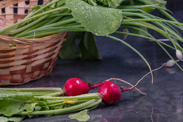 Various vegetables on a wooden table. Radish, onion.
