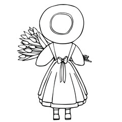Hand drawn girl standing back with a bouquet of tulips