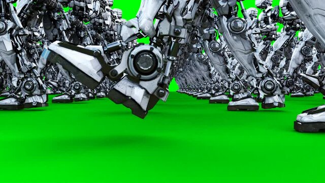invasion of military robots with gun. marching robots. Green screen 4k footage.