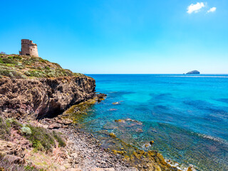 Fototapeta na wymiar Cliff with Torre Cannai in the Sant'Antioco peninsula in Sardinia