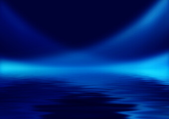 Light neon effect, energy waves on a dark abstract background. Laser colorful neon show. Reflection of light in the water. Smoke, fog. 3d illustration