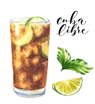 Watercolor Cuba libre alcohol cocktail isolated on white background. Hand drawn drink illustration.