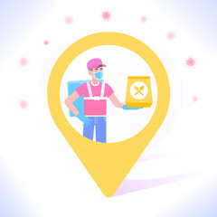 Safe food delivery during Coronavirus COVID-19 pandemic concept. Courier man in location pin wearing protective medical mask and gloves, holding food package in hand, vector illustration
