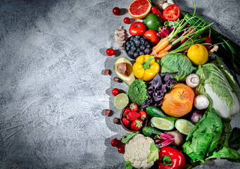 Assortment of fresh fruits and vegetables. Concept of healthy food