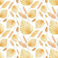 Watercolor seamless pattern with palm leaves and dried flowers on a white background. Delicate tropical print in boho style suitable for wallpaper, wrapping paper, posters, fabrics.
