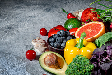 Assortment of fresh fruits and vegetables. Concept of healthy food