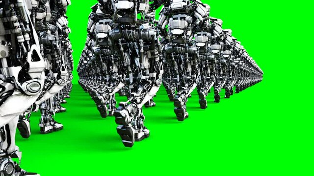 invasion of military robots with gun. marching robots. Green screen 4k footage.