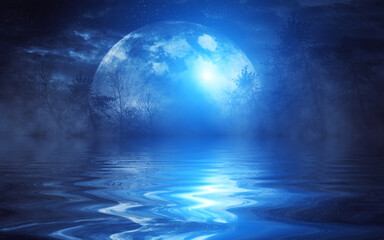 Dark dramatic night landscape. Forest, tree silhouettes are reflected in the water. Smoke, fog. Moonlight. 3d illustration