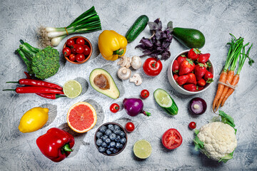 Assortment of fresh fruits and vegetables. Concept of healthy food