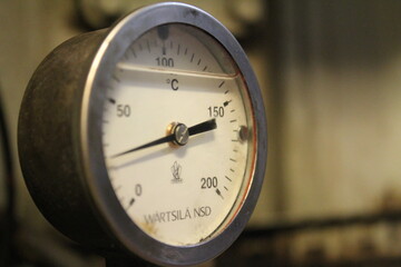 Wartsila glycerin filled temperature gauge on a big industrial marine diesel engine