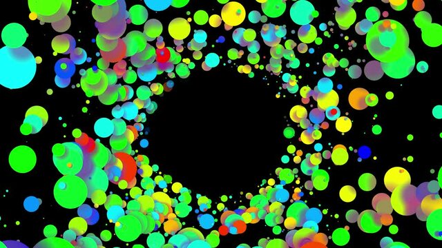 4k loop seamless abstract background with beautiful multi-colored drops in 2d flat style smoothly move like paint bubbles in liquid. Luma matte as alpha channel. Сircular structure with copy space