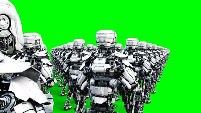 invasion of military robots with gun. marching robots. Green screen 4k footage.