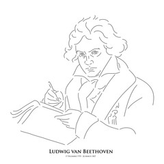 Ludwig van Beethoven (17 December 1770 – 26 March 1827) A master of historical music. Line drawing portrait illustration. - obrazy, fototapety, plakaty
