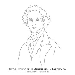 Jakob Ludwig Felix Mendelssohn Bartholdy (3 February 1809 – 4 November 1847) A master of historical music. Line drawing portrait illustration.