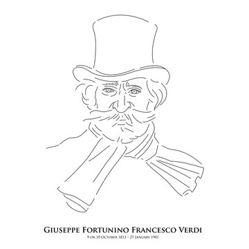 Giuseppe Fortunino Francesco Verdi (9 or 10 October 1813 &ndash; 27 January 1901) A master of historical music. Line drawing portrait illustration.