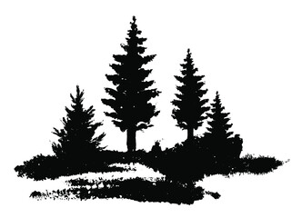 Vector composition Forest silhouette landscape. Black and white isolated elements Element for design.