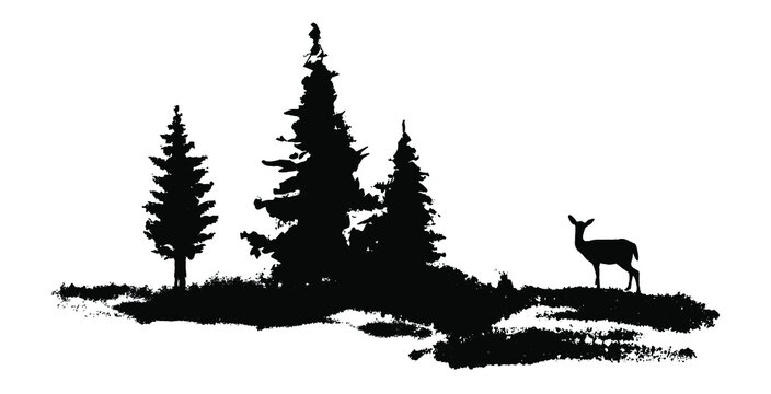 Vector composition Forest silhouette landscape. Black and white isolated elements Element for design. Young deer at the edge