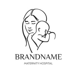 A young mother hugging her newborn baby drawn with a black line on a white background. Logo for maternity hospitals, hospitals for children, clinics of healthy and natural birth. Vector illustration.
