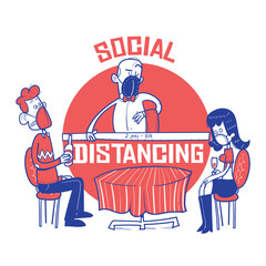 Couple in restaurant and waiter measuring social distance