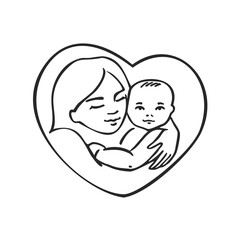 woman mom with short hair holding a newborn sleeping child drawn by a black line on a white background by hand the picture is inscribed in the heart. Vector illustration