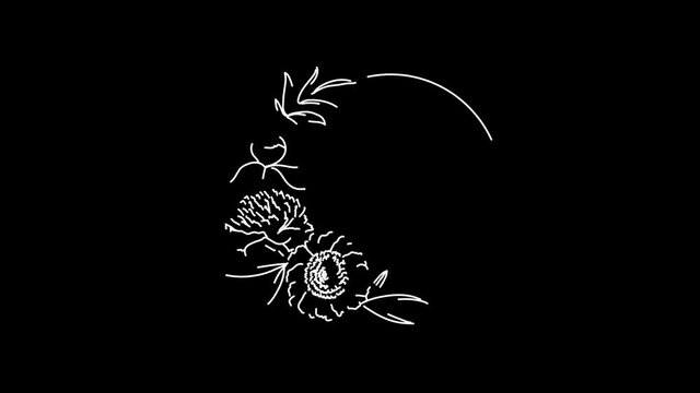 Flower animation frame for text invitations, postcards, billboards, websites, blogs, posters, blank background templates. Animation of a peony flower in a round frame on a white, black and green backg