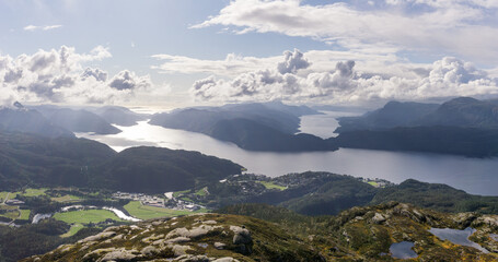 View from Hellandsnuten Mountain to town of Sand and five Fjords. Sandsfjord, Hylsfjord, Saudafjord, Vindafjord and Lovrafjord. Norway.