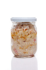 Nutrition concept - Healthy food, Diet, Detox, Clean Eating or Vegetarian concept. A nutritious food on glass jars against white background.