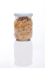 Nutrition concept - Healthy food, Diet, Detox, Clean Eating or Vegetarian concept. A nutritious food on glass jars against white background.