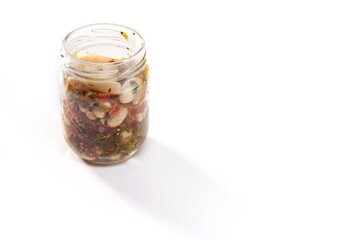 Nutrition concept - Healthy food, Diet, Detox, Clean Eating or Vegetarian concept. A nutritious food on glass jars against white background.