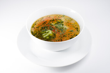 Minestrone - a dish of Italian cuisine, a light soup of seasonal vegetables, sometimes with the addition of pasta or rice. The main ingredients are legumes, onions, celery, carrots, broth and tomatoes