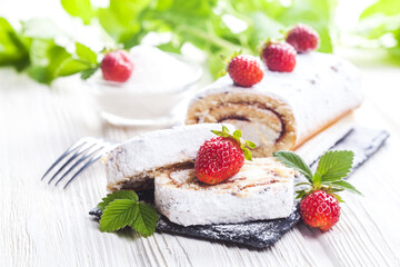 tasty strawberry dessert on a slate board on a white wooden table. Homemade Fresh Baking