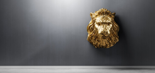 Golden statue of lion, a head sculpture on wall
