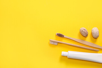 Wooden toothbrushes and toothpaste