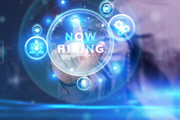 Business, Technology, Internet and network concept. Young businessman working on a virtual screen of the future and sees the inscription: Now hiring