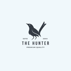 Black standing bird logo hunter isolated on white background. premium vector idea