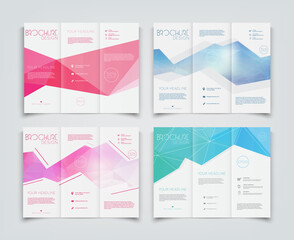 Collection of vector tri-fold brochure design templates with geometric low poly polygonal background