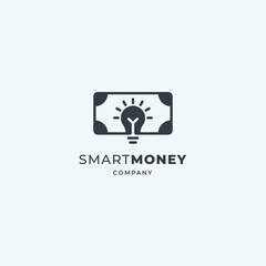 Smart money logo. Luminous light bulb with banknote. Crowdfunding, saving, investment design idea. premium vector