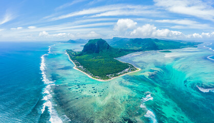 Aerial view of Le Morne Brabant mountain which is in the World Heritage site of the UNESCO, with beautiful underwater waterfall.