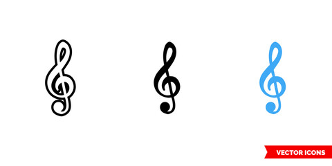 Treble clef icon of 3 types. Isolated vector sign symbol.