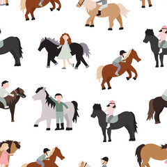 Cartoon Characters Kids Riding Ponies Seamless Pattern Background. Vector