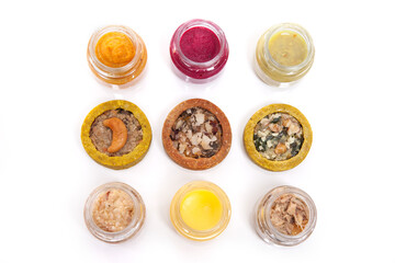 Nutrition concept - Healthy food, Diet, Detox, Clean Eating or Vegetarian concept. A glass jar of nutritious food against white background. Delicious take away food in glass jars.