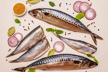 Assorted pickled whole fish. Norwegian herring 