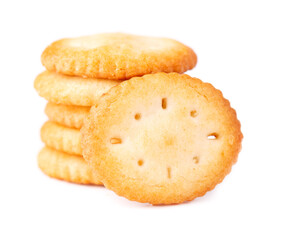 Cracker isolated on white background. Dry cracker cookies isolated. Salty snacks isolated. Top view.