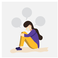 Vector cartoon illustration of woman was sitting  on the floor and crying.Sad and depressed woman,Unhappy and stressed person.