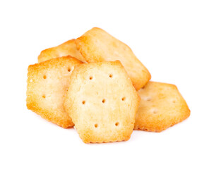 Cracker isolated on white background. Dry cracker cookies isolated. Salty snacks isolated. Top view.