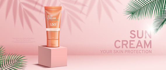 Sunscreen cream banner ads on square stage with tropical leaves